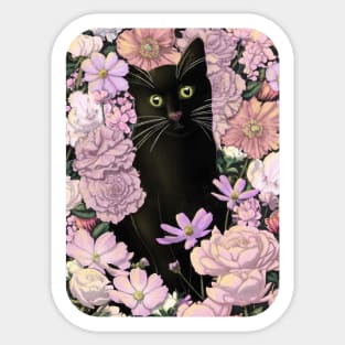 Little Black Garden Cat - Pink Flowers Sticker